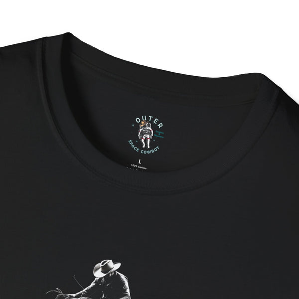 Black T-shirt close-up with cowboy-bull silhouette graphic and neck label