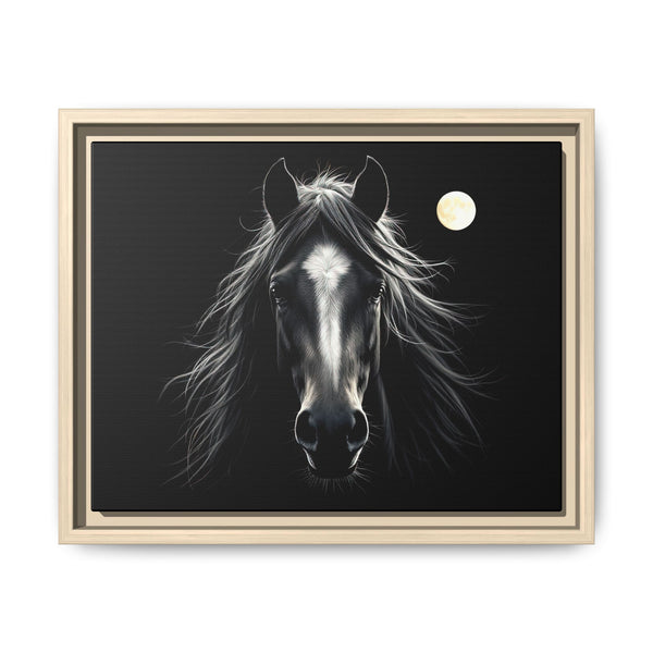 Framed western horse canvas art with monochrome horse face, dark background and moon; light frame