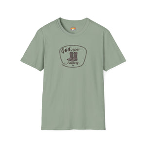 Sage green western T-shirt with oval cowboy boot graphic and crew neckline