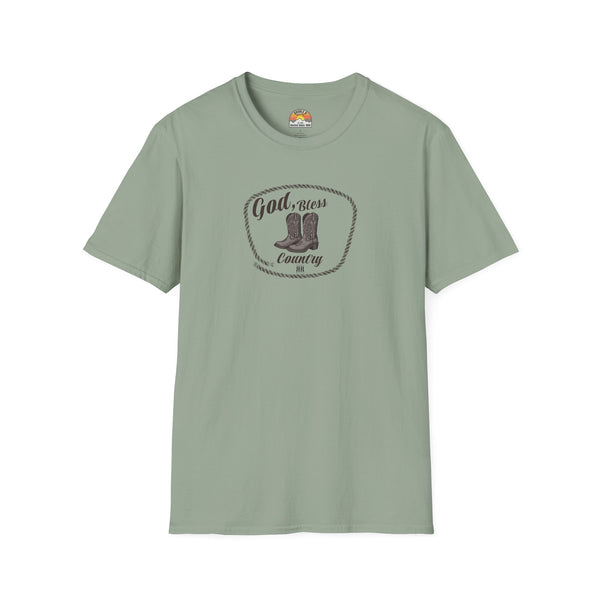 Sage green western T-shirt with oval cowboy boot graphic and crew neckline
