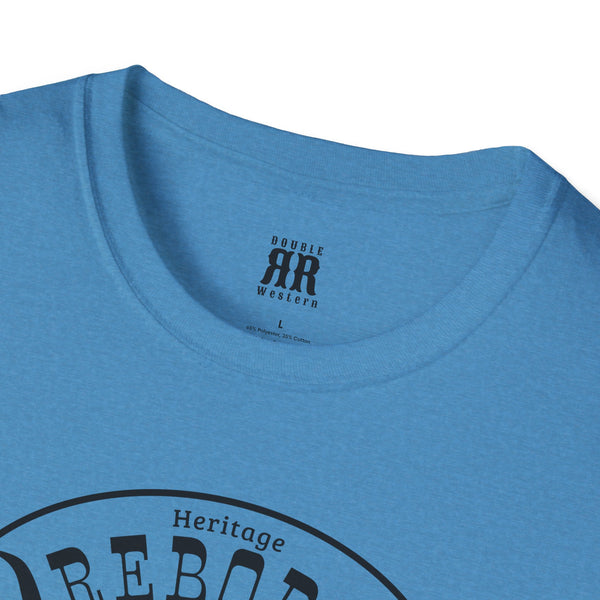 Heather blue crewneck T-shirt with small chest logo patch at neckline