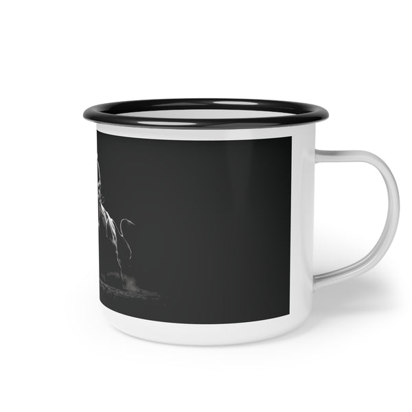 Black enamel camp mug with white base and handle, partial bucking bull print.
