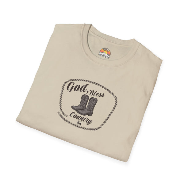 Sand crew-neck T-shirt with oval cowboy boot graphic