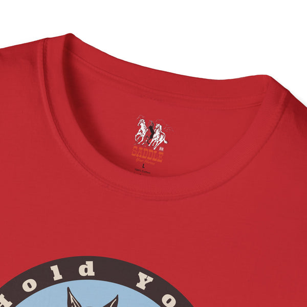 Red women’s western T-shirt crewneck with small chest logo and horse graphic