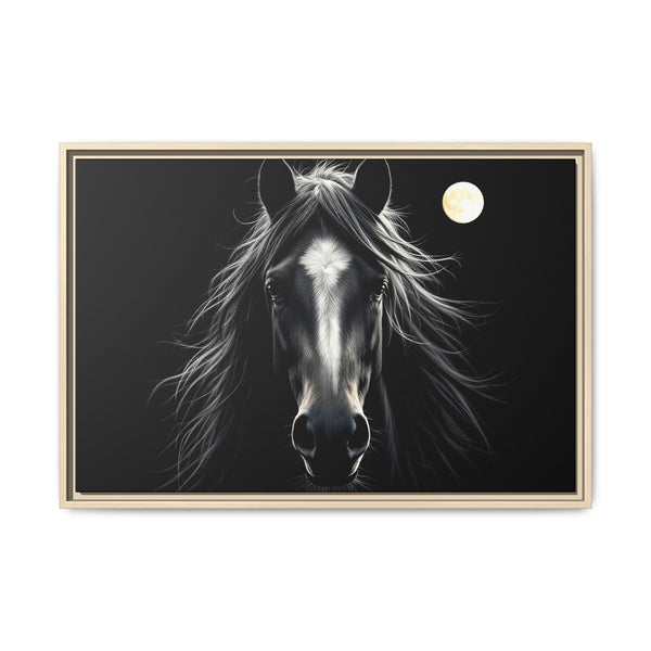 Framed western canvas art featuring a black-and-white horse portrait and moon