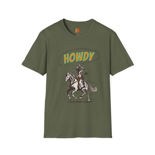 Cowboy graphic T-shirt, military green with HOWDY cowboy rider print