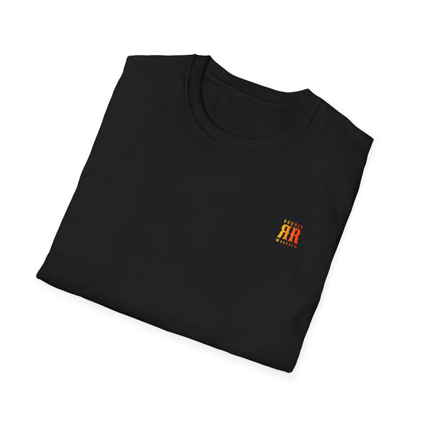 Black crewneck graphic T-shirt with small chest logo, angled view