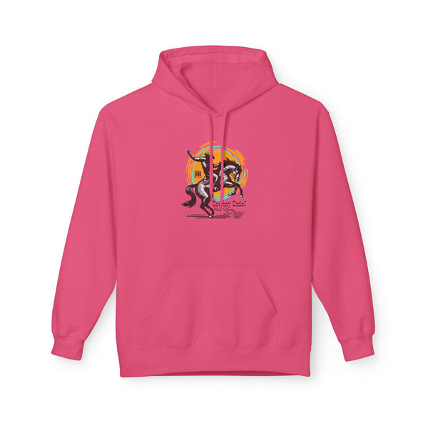 Pink pullover hoodie with front graphic, hood with drawstring, and kangaroo pocket