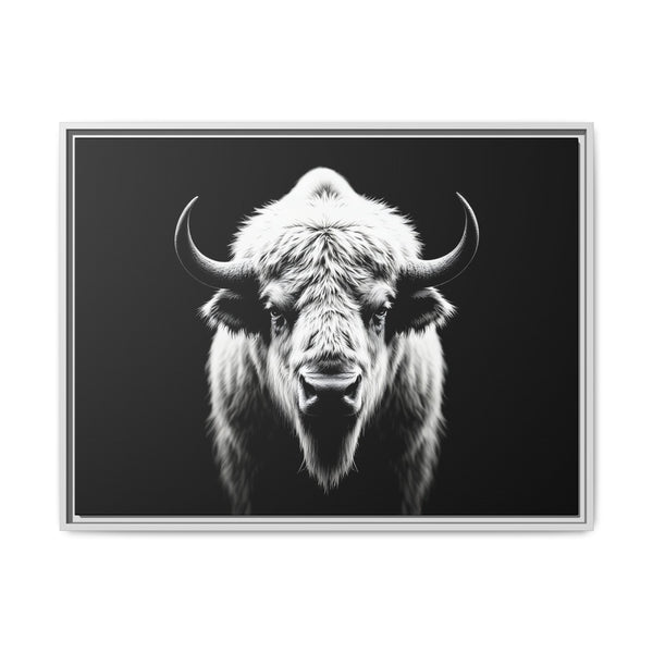 Framed wildlife art print featuring a white bison head against a dark field