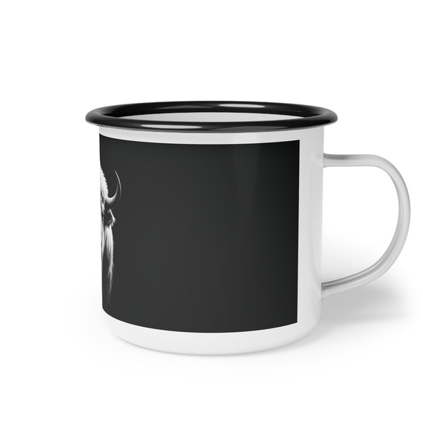Black enamel camp mug with white buffalo graphic on side, black rim, white handle and base