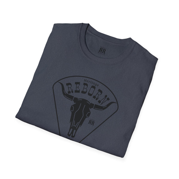Dark heather comfort tee with REBORN Heritage front graphic and crew neck