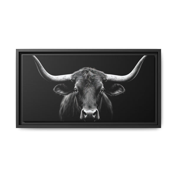 Framed canvas wall art with black frame, close-up bull head in grayscale