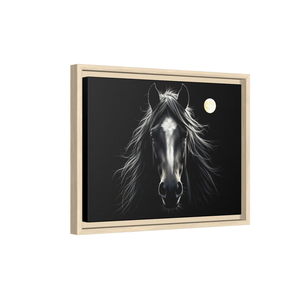 Framed western canvas art of a black horse with white star on forehead and a moon