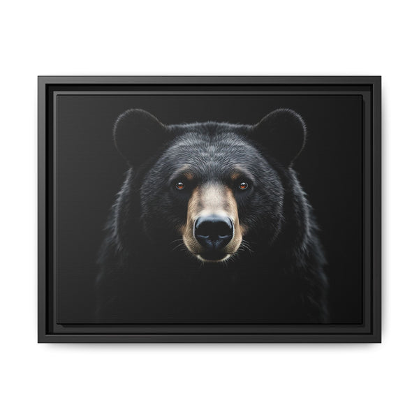 Framed canvas art featuring a black bear portrait, black frame and dark mat