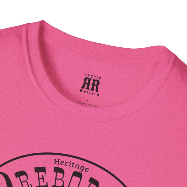 Magenta crewneck t-shirt neckline with black logo print