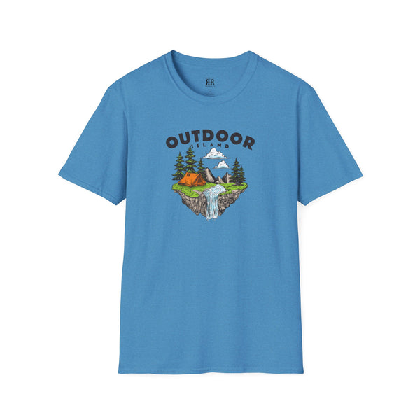 Heather blue T-shirt with outdoor graphic print across the chest