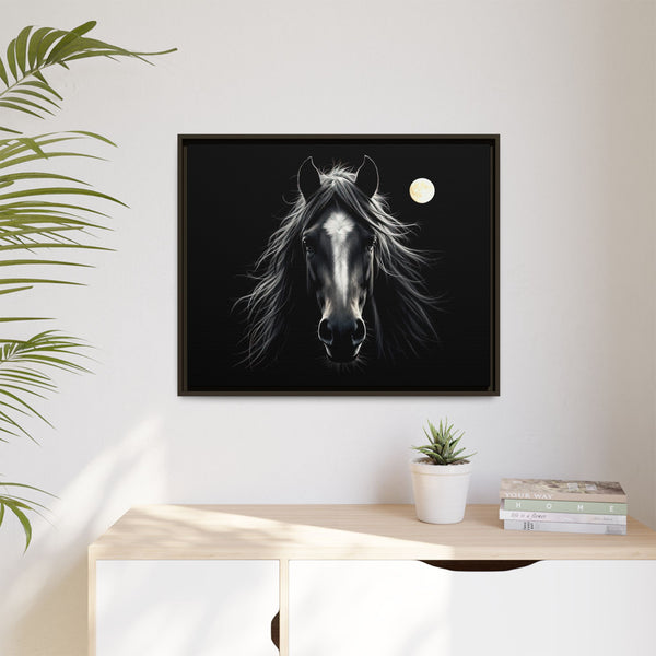 Framed western canvas art with black horse portrait, white mane, and moon on dark background