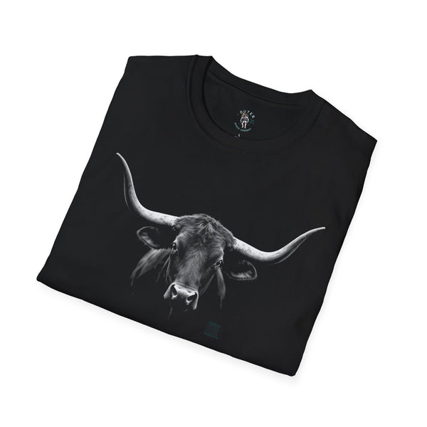 Black T-shirt with angled bull head and horn graphic across chest