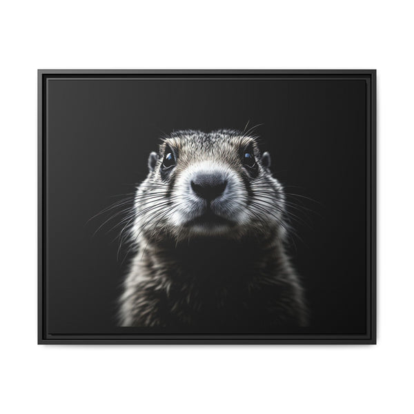 Framed western canvas art of a black-and-white prairie dog portrait, dark frame with border