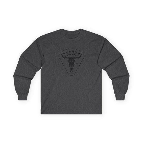 Dark heather long-sleeve T-shirt with small chest logo print.