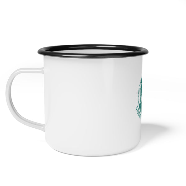 Enamel camp mug, white with black rim and green logo on side, with handle.