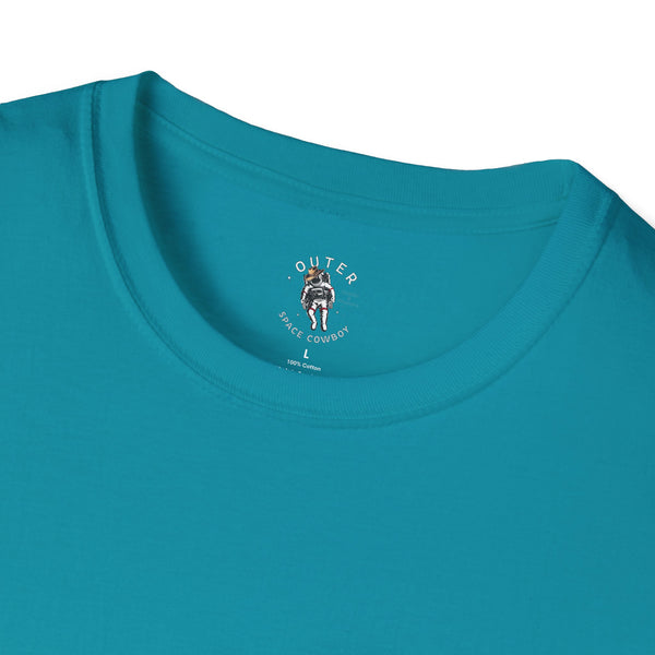 Island Cowboy Adventure Western Wear Graphic T-Shirt in Tropical Blue, collar detail