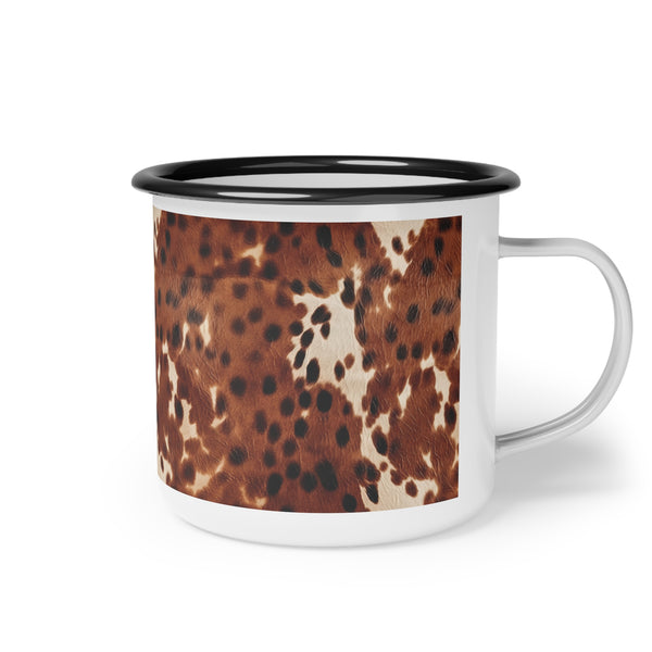 Enamel camp mug with black rim, brown cowhide pattern and white handle
