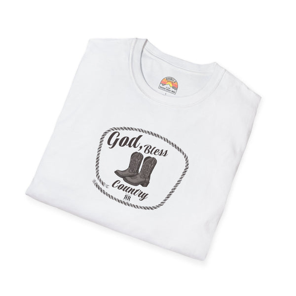 White crew-neck T-shirt with oval cowboy boot graphic