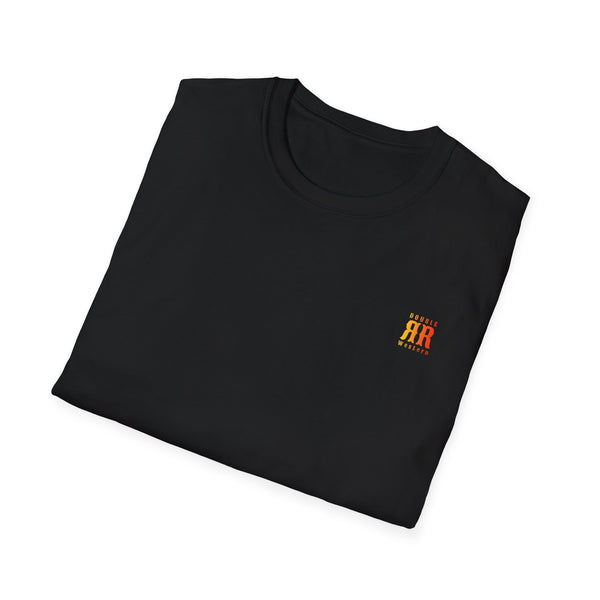 Black western graphic tee with small chest logo detail