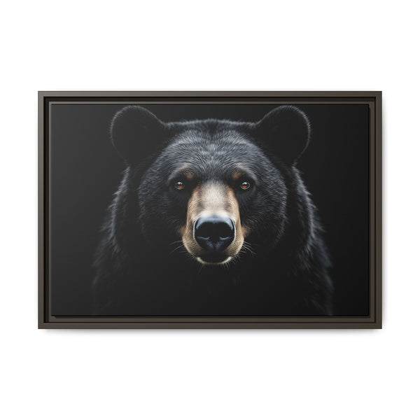 Framed bear canvas art with close-up bear face, gray frame, dark background