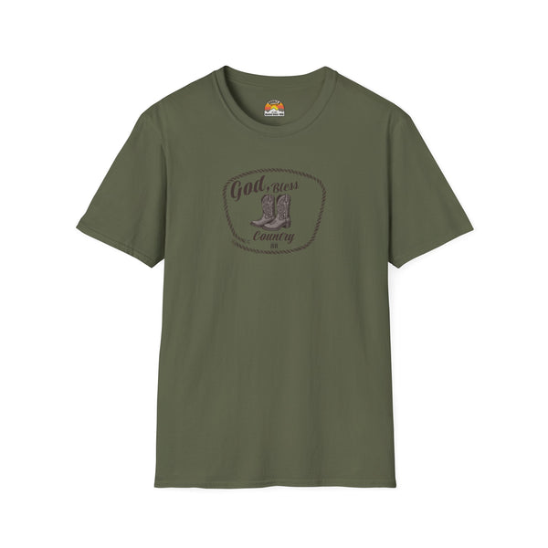 Olive green western T-shirt with oval cowboy boot graphic and crew neckline