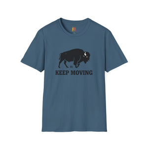 Dusty blue crew-neck Western t-shirt with black bison and “KEEP MOVING” graphic