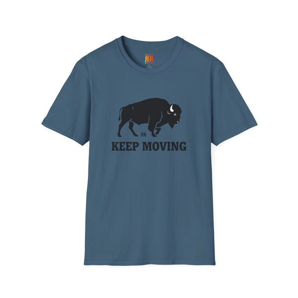 Dusty blue crew-neck Western t-shirt with black bison and “KEEP MOVING” graphic