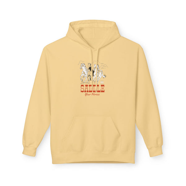 Yellow western wear hoodie with horse graphic logo on the chest and front kangaroo pocket