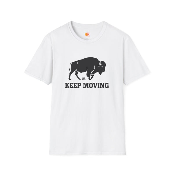 White crew-neck Western t-shirt with black bison and “KEEP MOVING” graphic