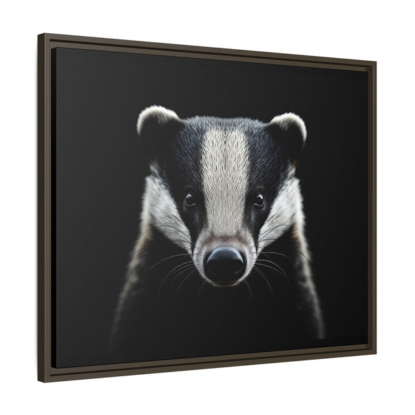 Framed wall canvas art featuring a close-up badger face, dark brown frame