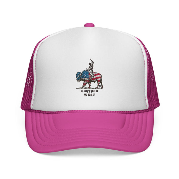 White and purple trucker hat with mesh sides and Restore West horse graphic