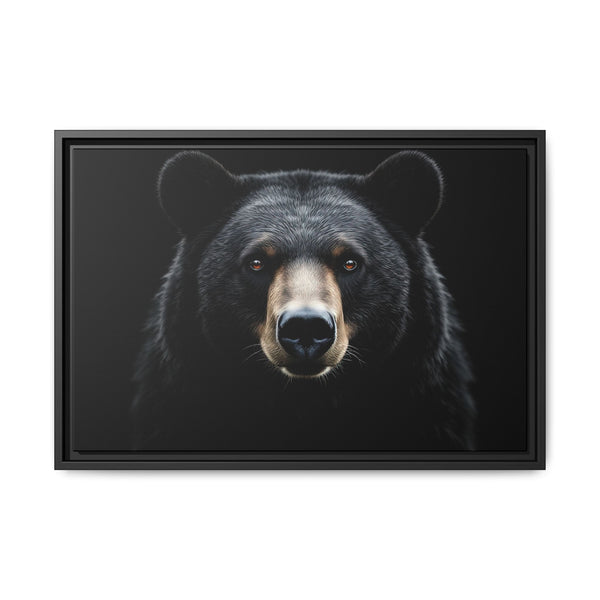 Framed bear canvas art with close-up bear face, black frame, dark background