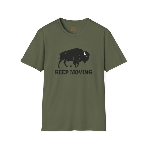 Military green western wear T-shirt with bison “KEEP MOVING” graphic