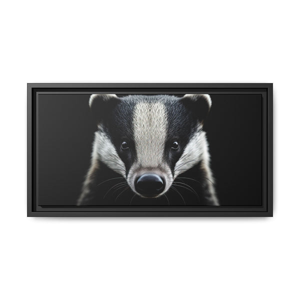 Framed wall canvas art featuring a close-up badger face, black frame