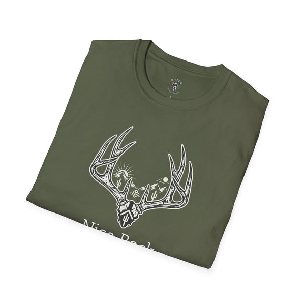 Olive cotton T-shirt with large antler cowboy graphic on the front