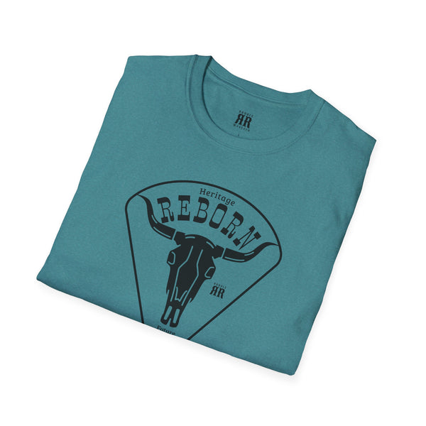 Heather teal comfort tee with REBORN Heritage front logo graphic and crew neck