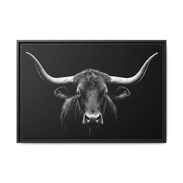 Framed western canvas art with monochrome bull head and curved horns, black frame