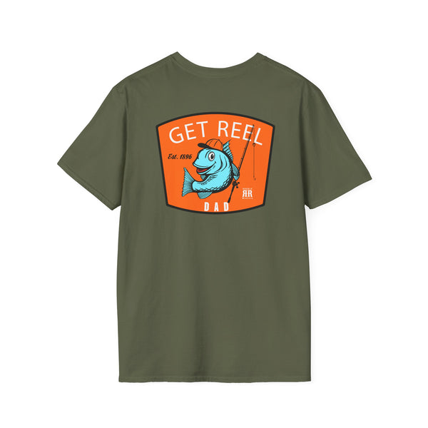 Olive green western graphic T-shirt with “GET REEL DAD” front print