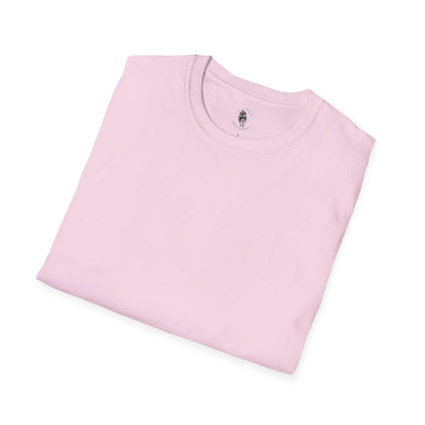 Pink women’s T-shirt folded flat with small back neck graphic