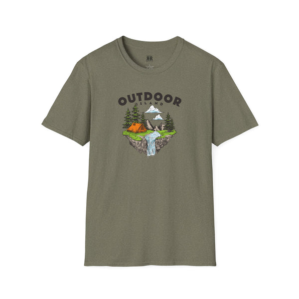 Olive heather T-shirt with outdoor graphic print across the chest
