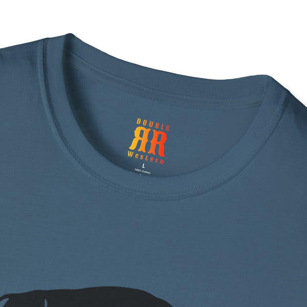 Blue crew neck T-shirt with Double R Western logo on neckline