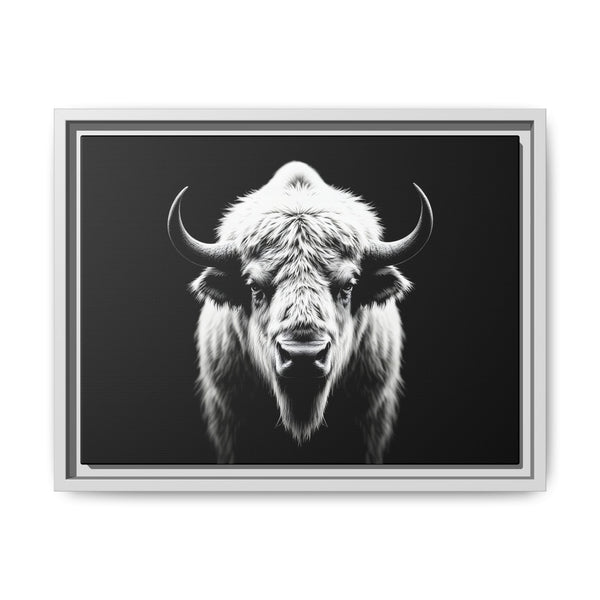Framed bison art print with bull portrait, light gray frame