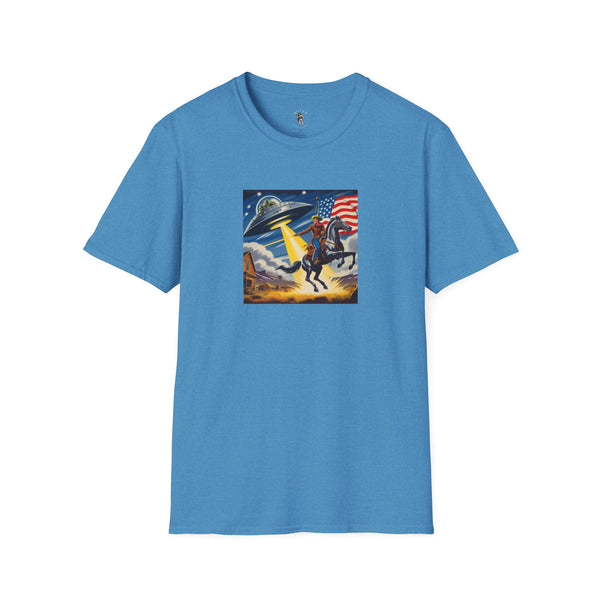 Blue T-shirt with cosmic cowboy graphic on the chest