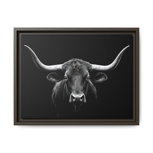 Framed western canvas art with monochrome bucking bull head, dark frame